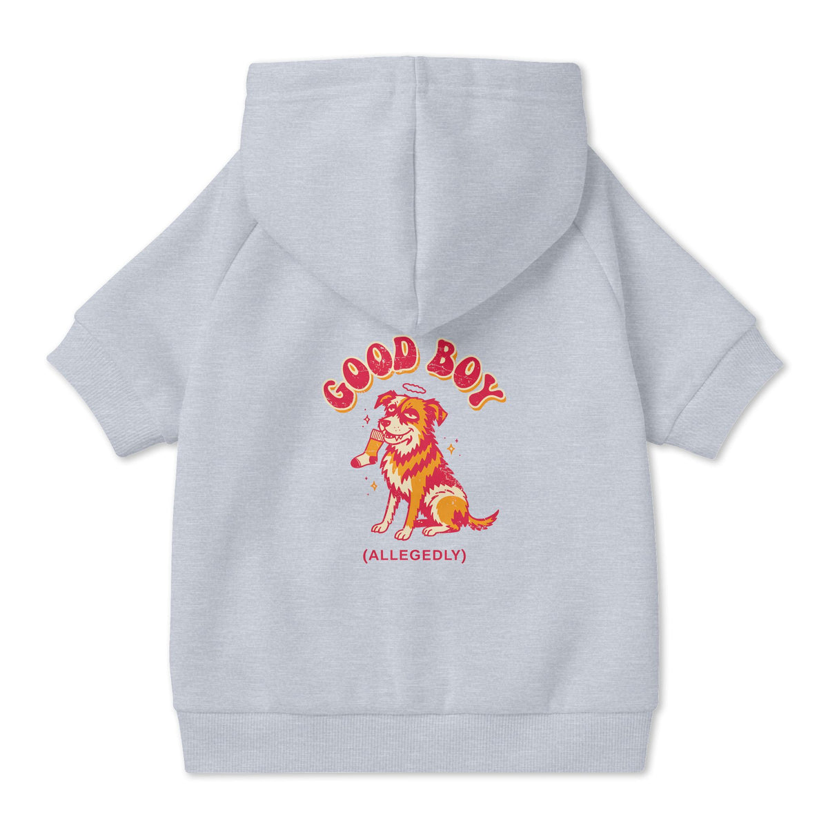Good Boy (Allegedly) Dog Hoodie in Grey, back view — SniffWaggleNWalk™