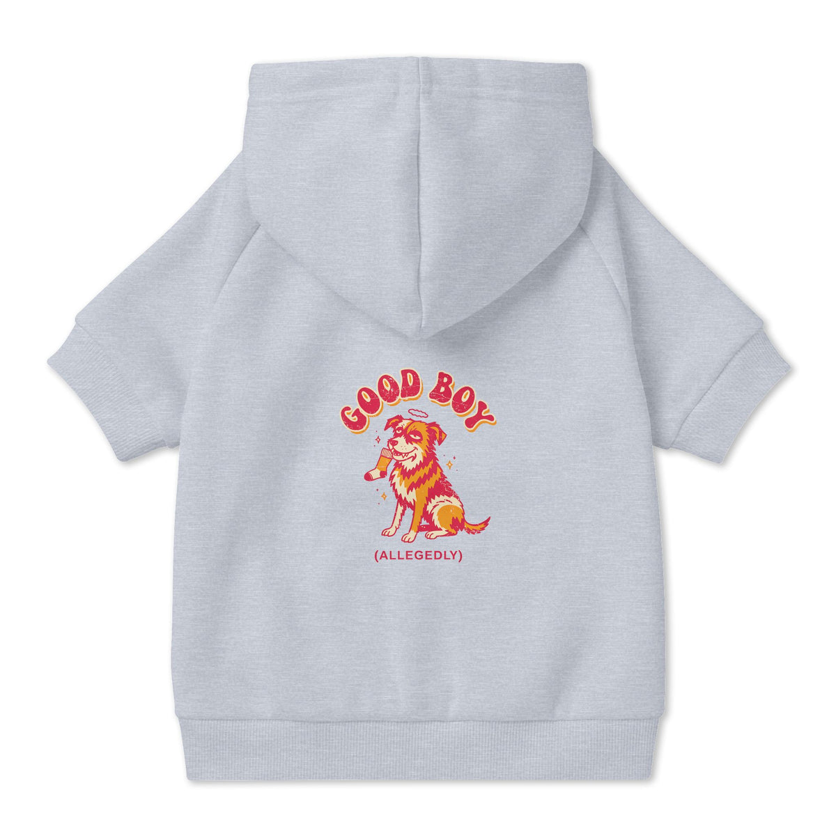 Good Boy (Allegedly) Dog Hoodie in Grey, back view — SniffWaggleNWalk™