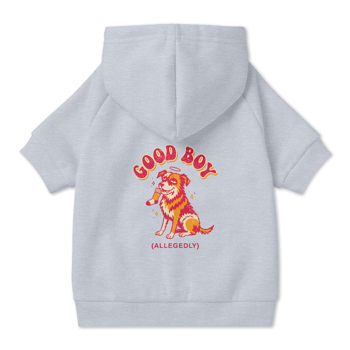 Good Boy (Allegedly) Dog Hoodie in Grey, back view — SniffWaggleNWalk™
