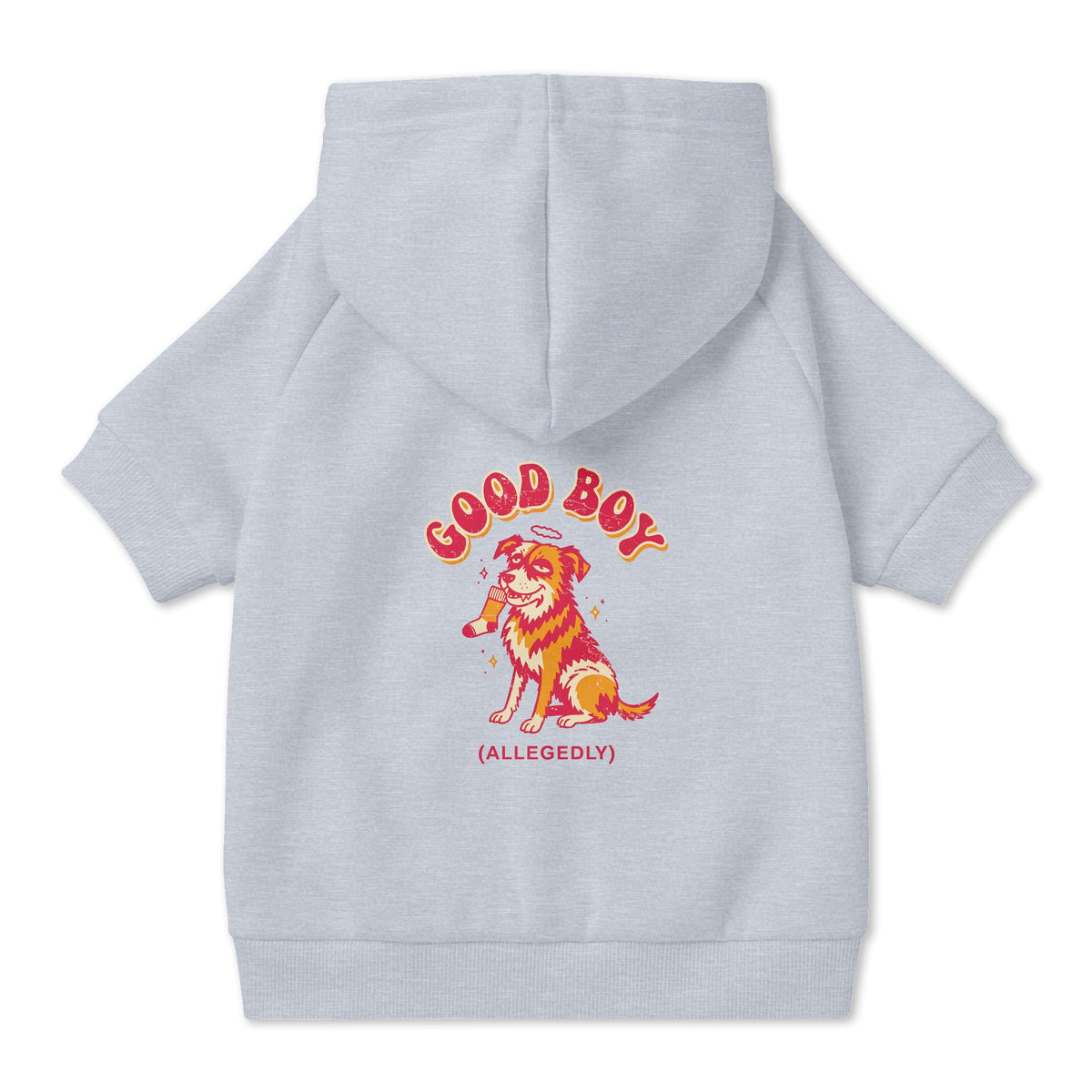 Good Boy (Allegedly) Dog Hoodie in Grey, back view — SniffWaggleNWalk™