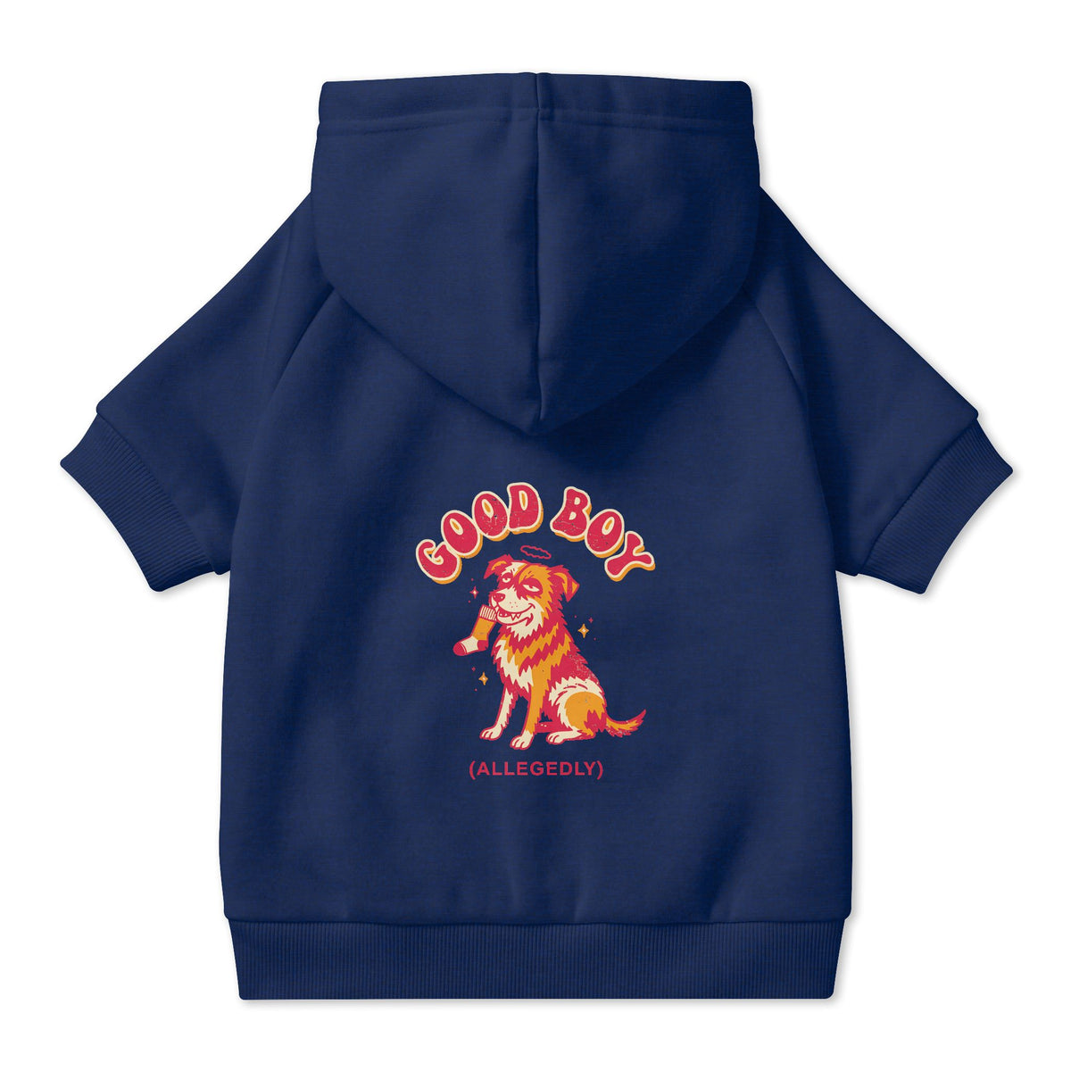 Good Boy (Allegedly) Dog Hoodie in Navy, back view — SniffWaggleNWalk™