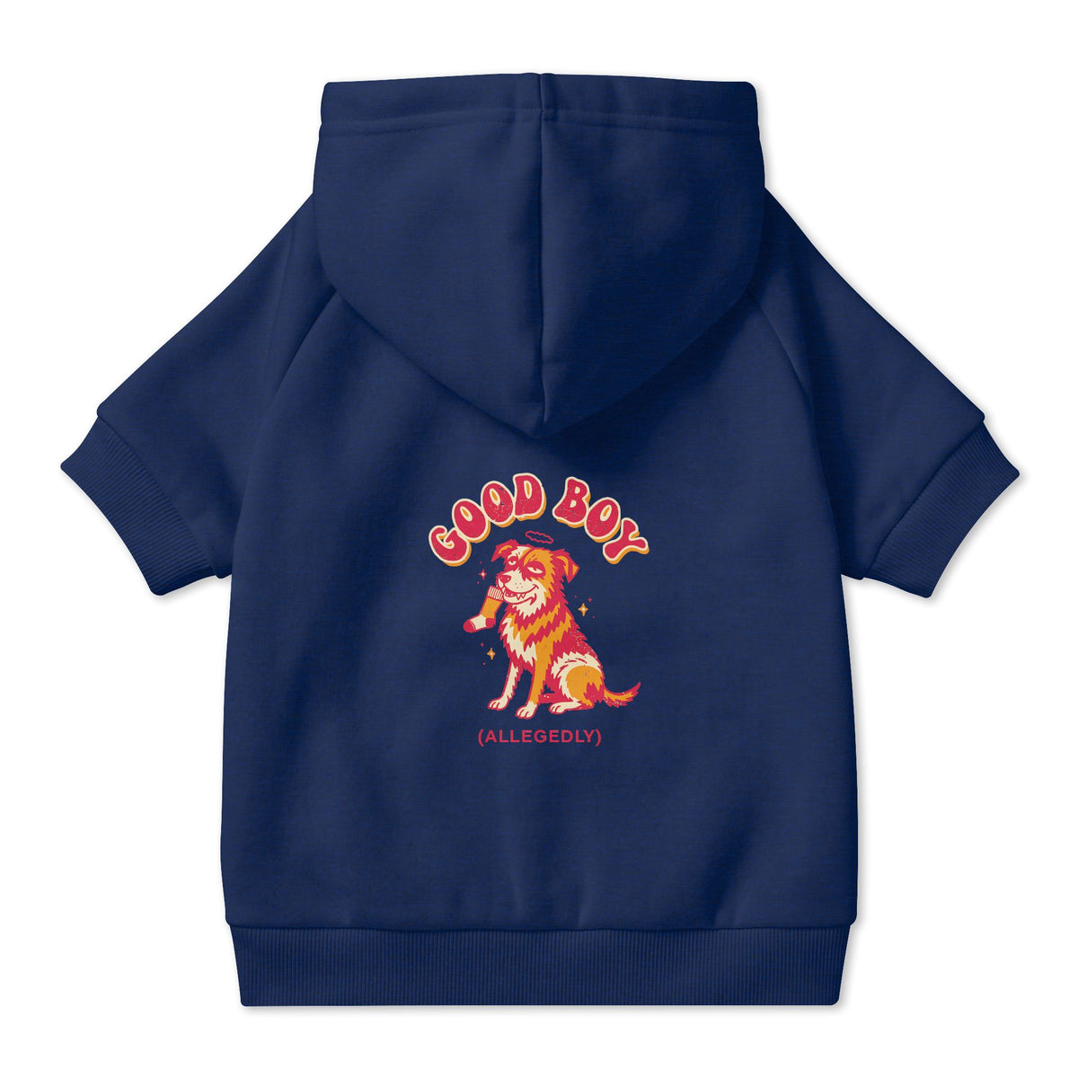 Good Boy (Allegedly) Dog Hoodie in Navy, back view — SniffWaggleNWalk™