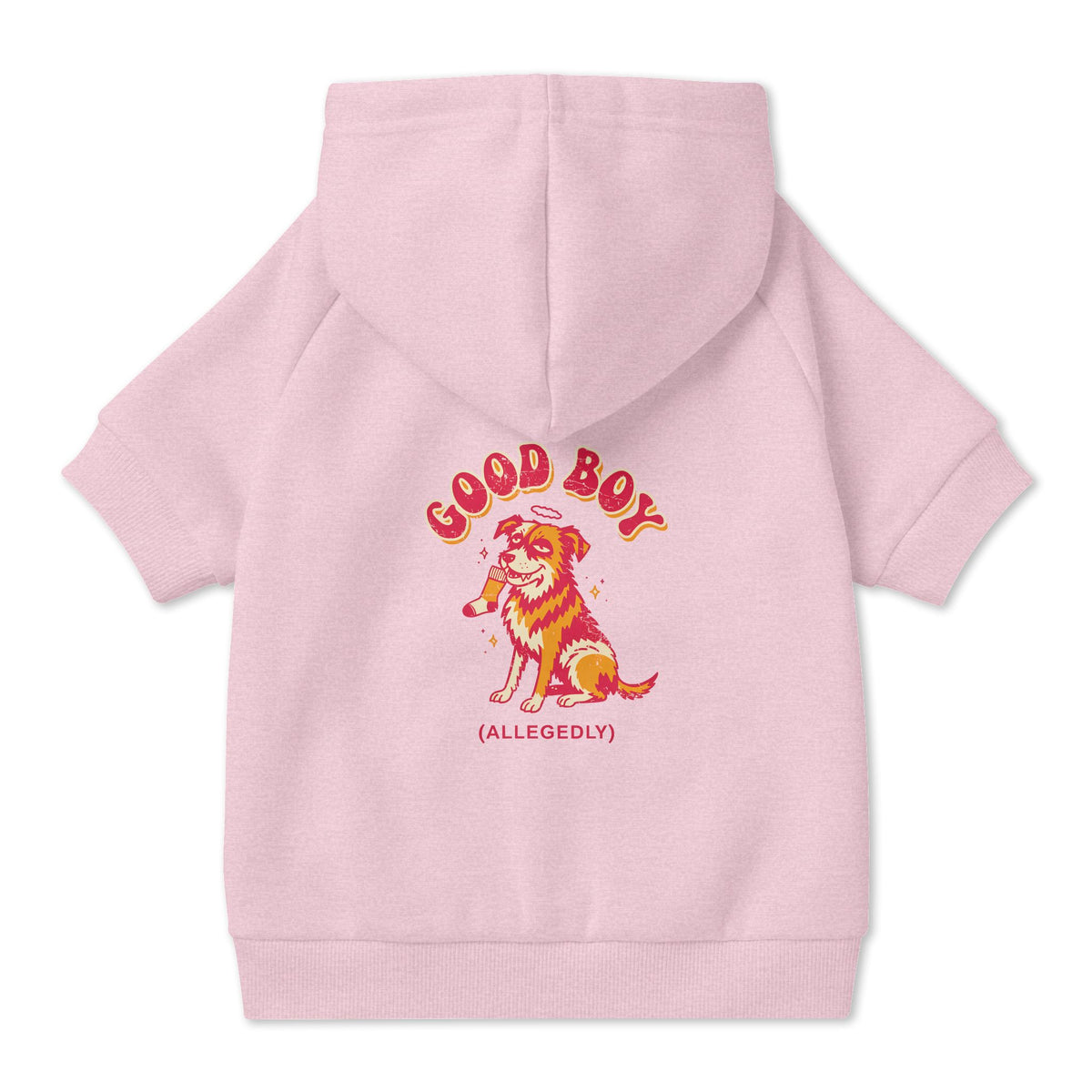 Good Boy (Allegedly) Dog Hoodie in Pink, back view — SniffWaggleNWalk™