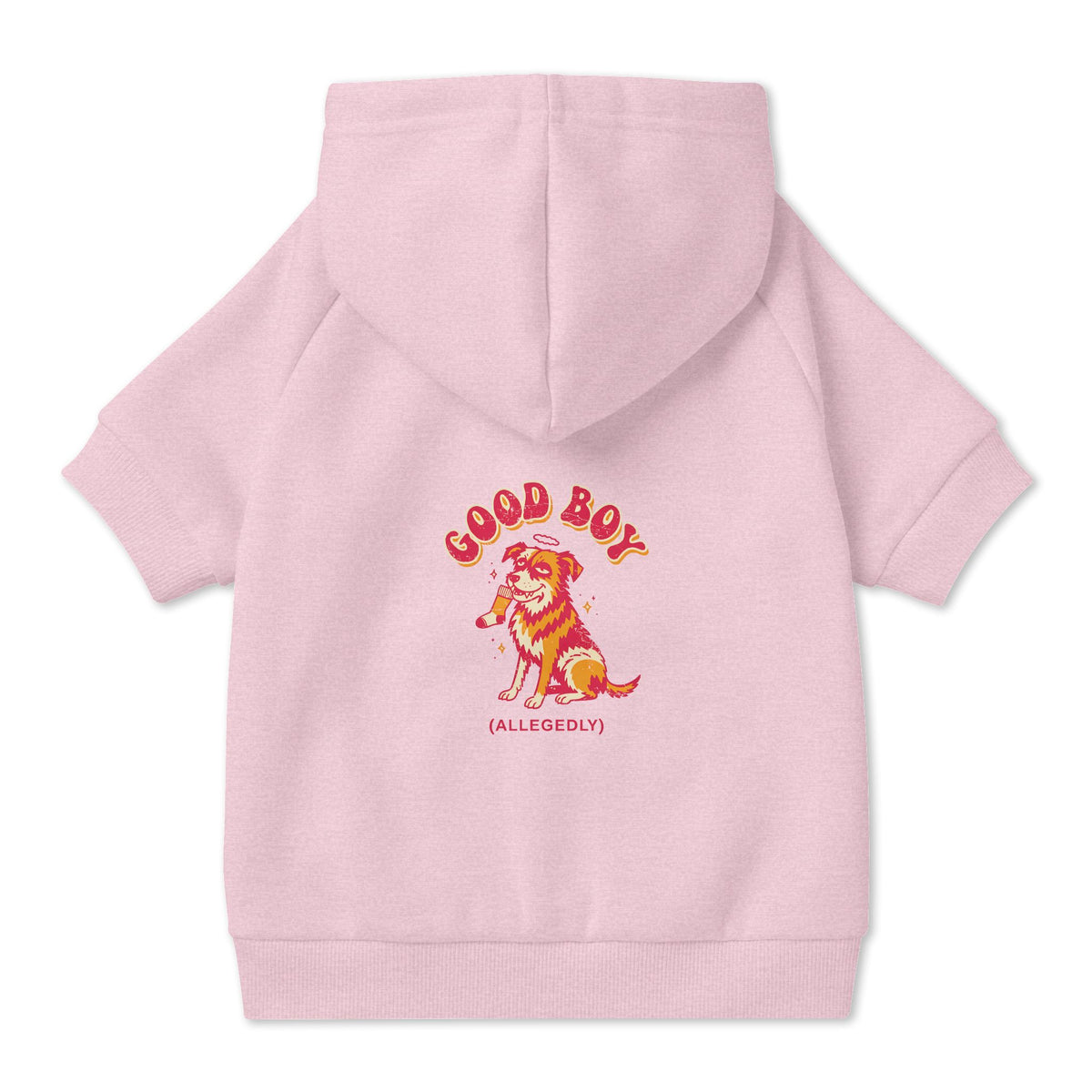 Good Boy (Allegedly) Dog Hoodie in Pink, back view — SniffWaggleNWalk™