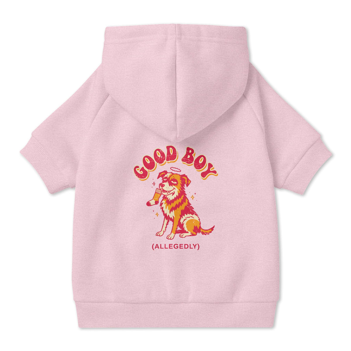 Good Boy (Allegedly) Dog Hoodie in Pink, back view — SniffWaggleNWalk™