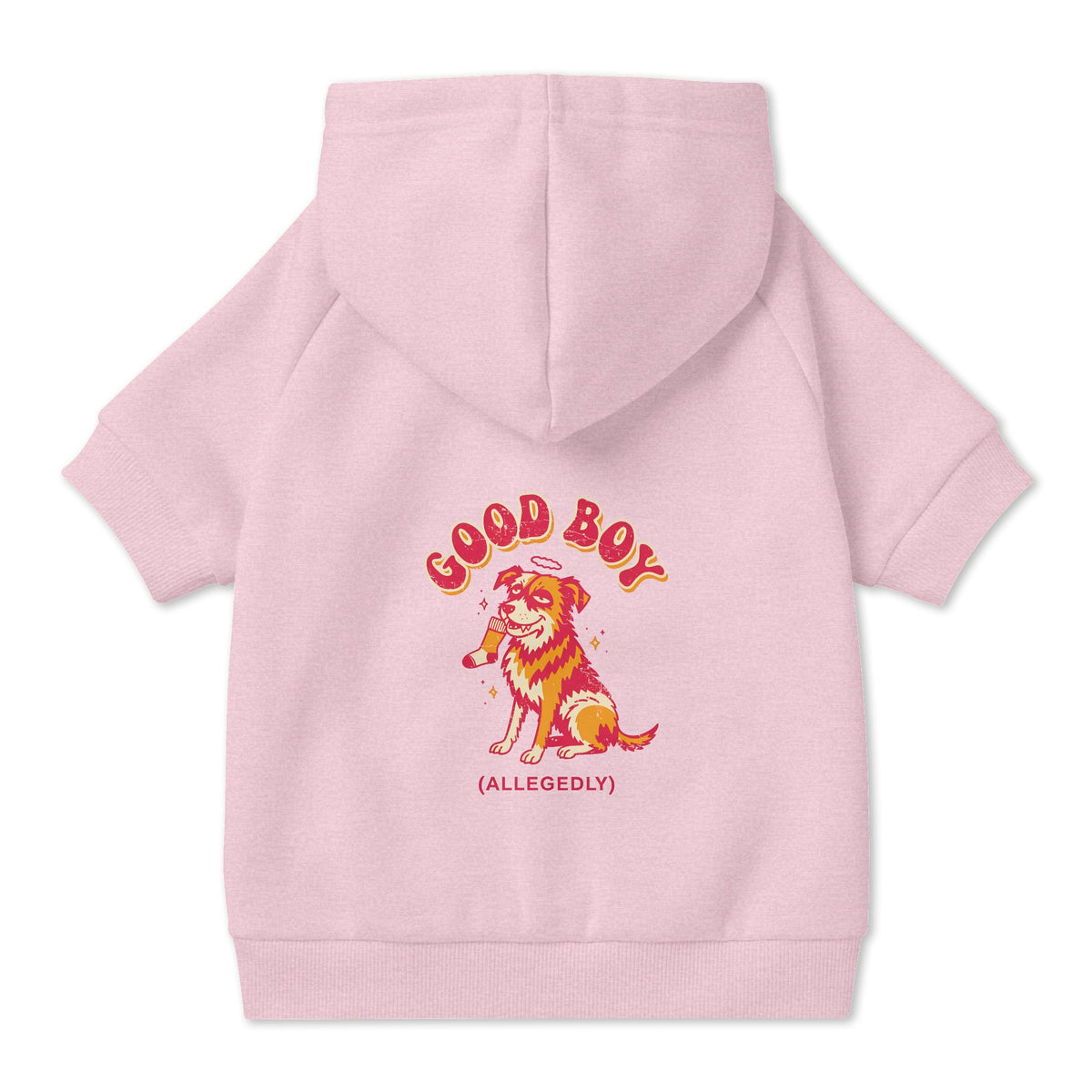 Good Boy (Allegedly) Dog Hoodie in Pink, back view — SniffWaggleNWalk™