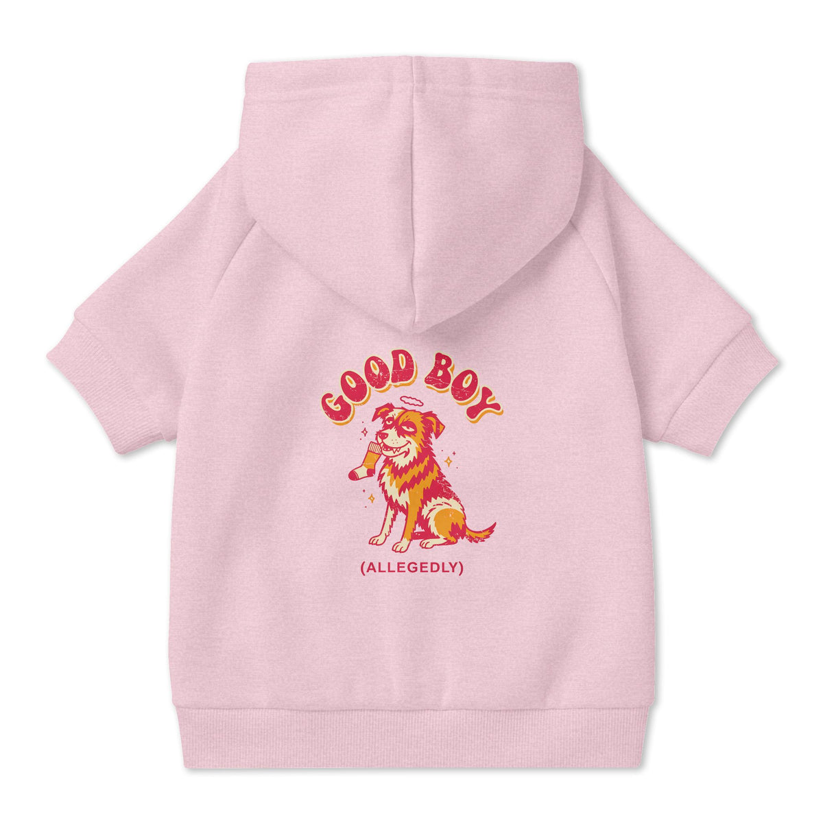 Good Boy (Allegedly) Dog Hoodie in Pink, back view — SniffWaggleNWalk™