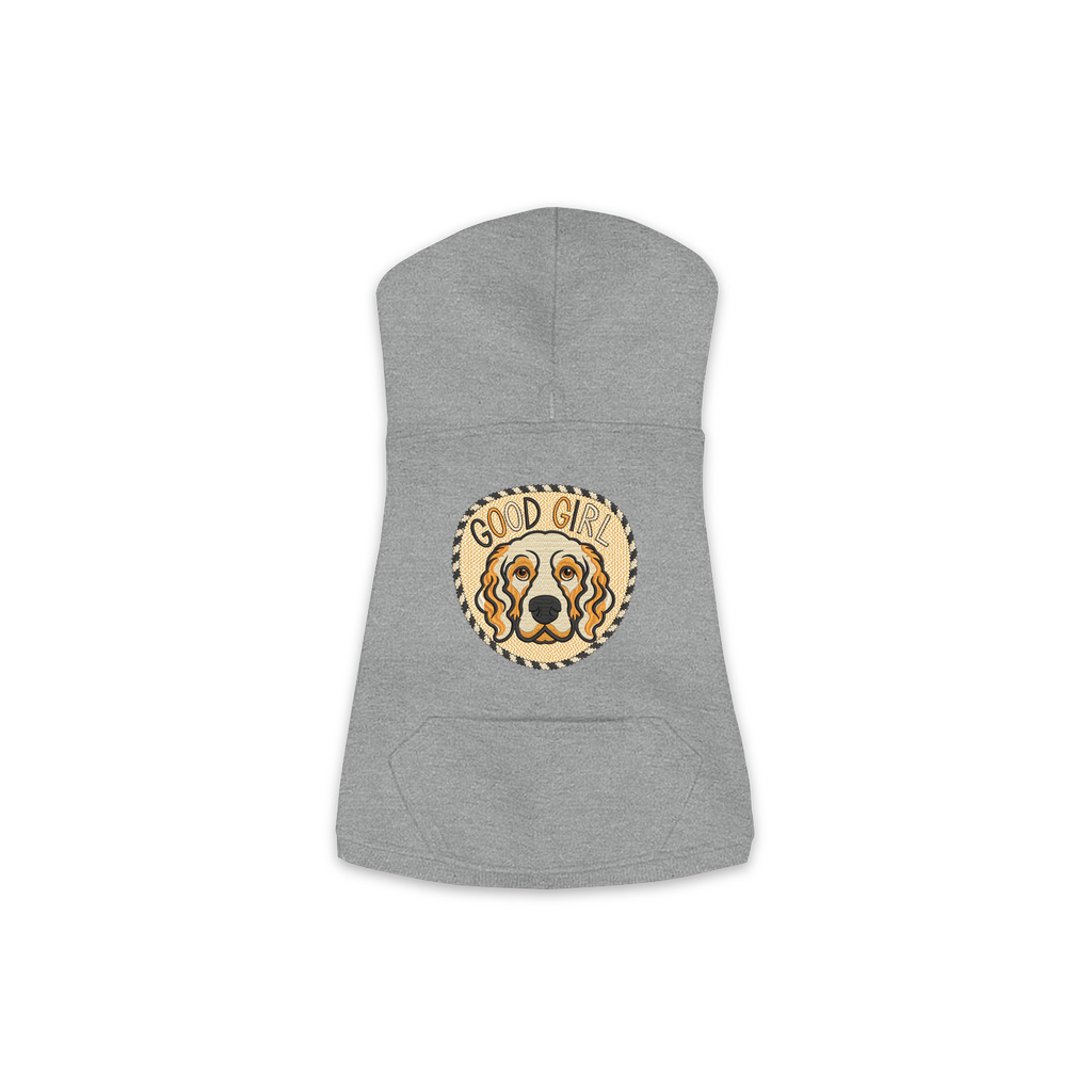 Good Girl dog hoodie in granite heather grey, sizes XS to M