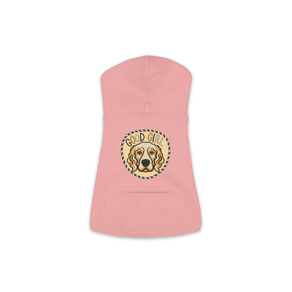 Good Girl dog hoodie in mauvelous pink, sizes XS to M