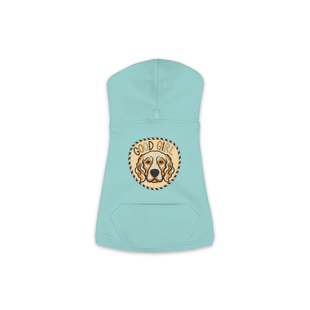 Good Girl dog hoodie in saltwater blue, sizes XS to M