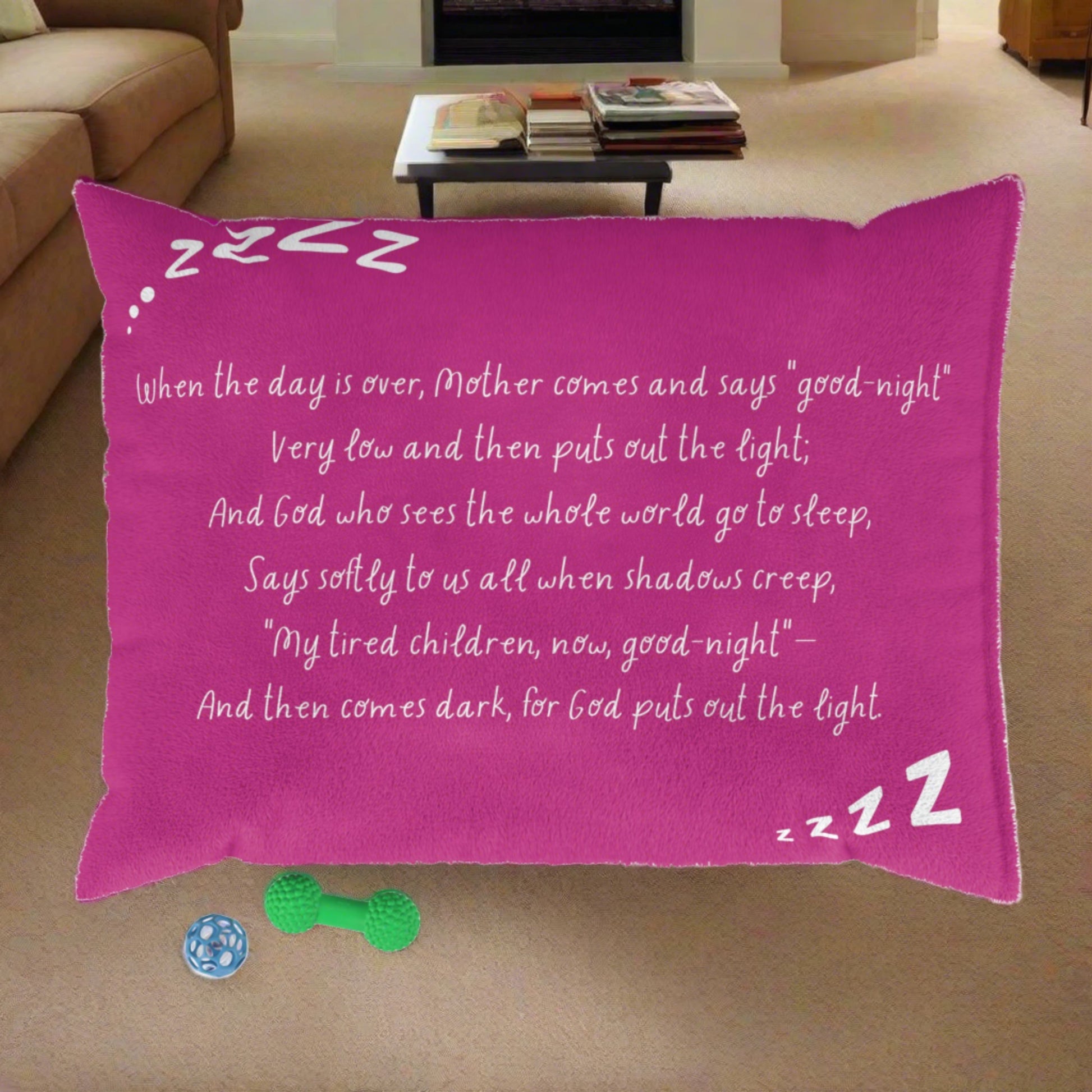 Goodnight Blessing Bedtime Poem Pet Bed for dogs and cats — front view with printed verse