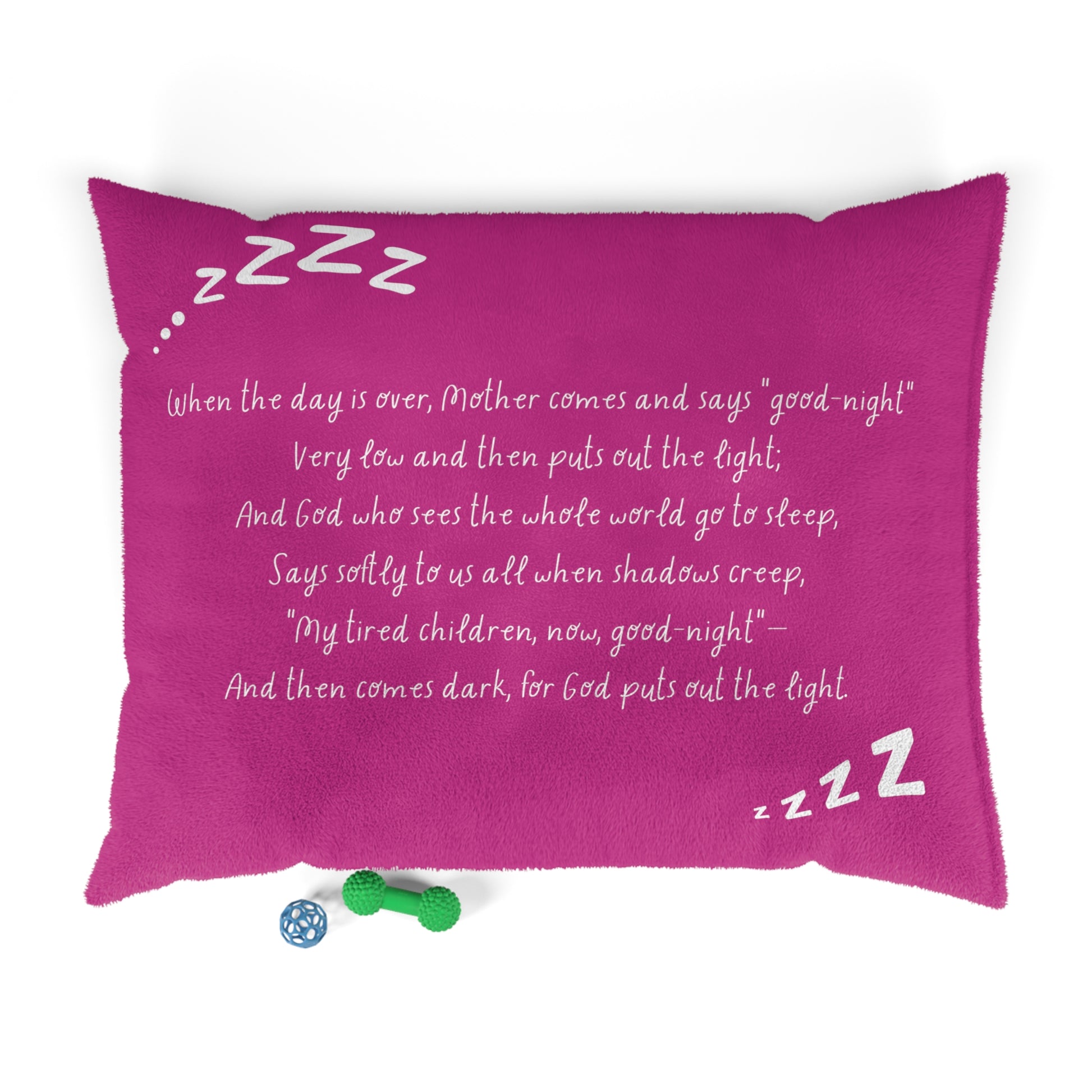 Goodnight Blessing Bedtime Poem Pet Bed shown with a dog resting on it
