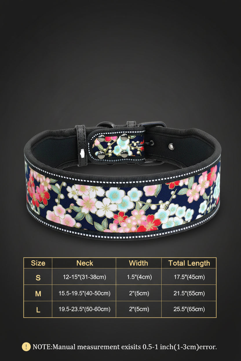 Floral-patterned dog collar with size chart on a white background