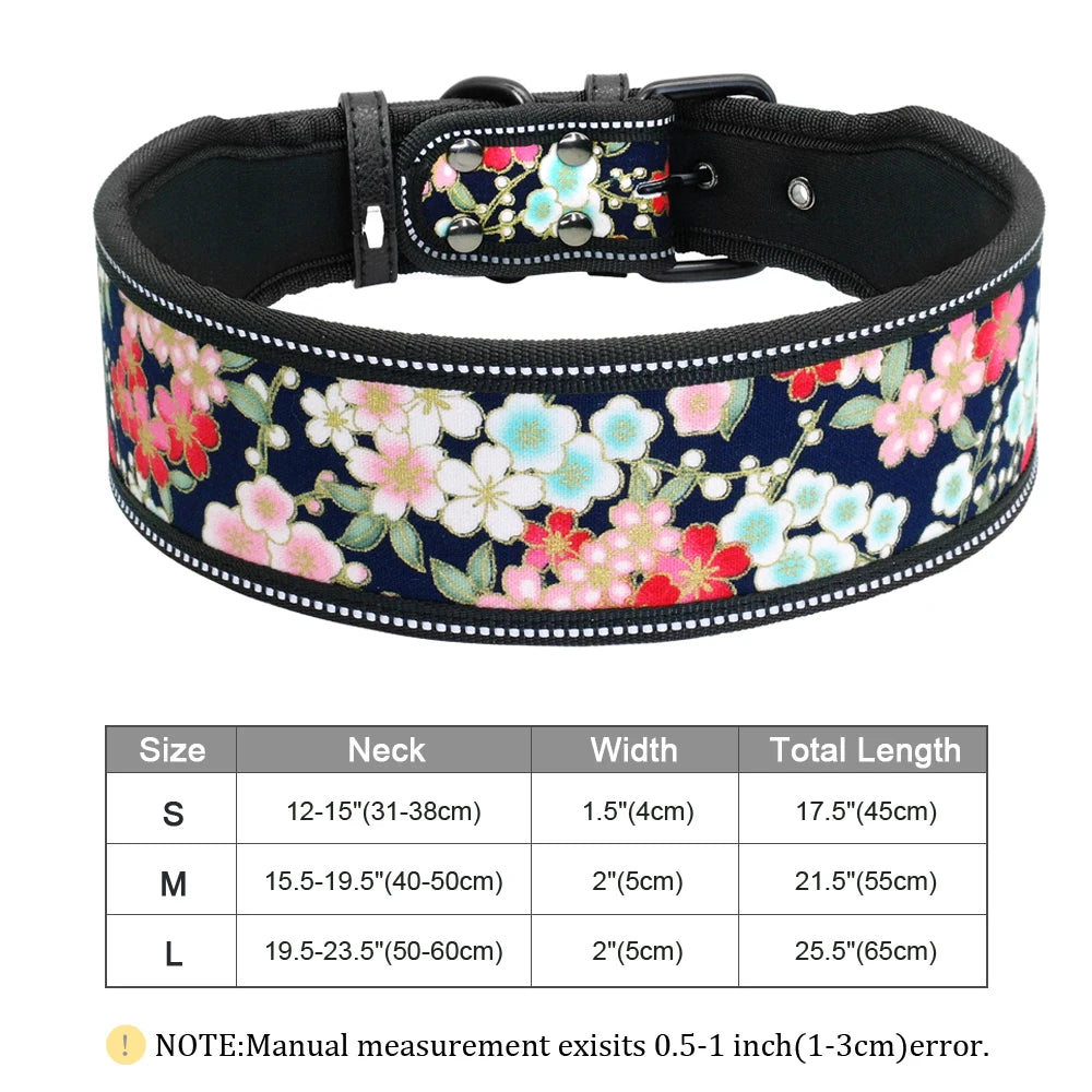 Floral-patterned dog collar with size chart on a white background