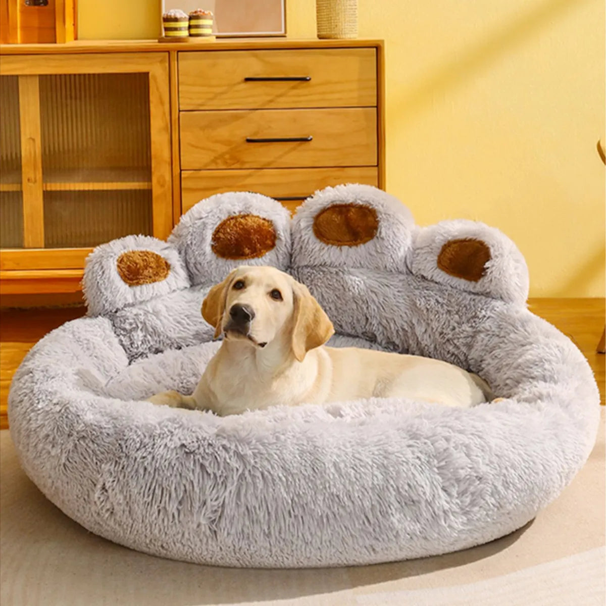Labrador resting in PoshPup PawCloud bear paw plush dog bed in light grey — SniffWaggleNWalk