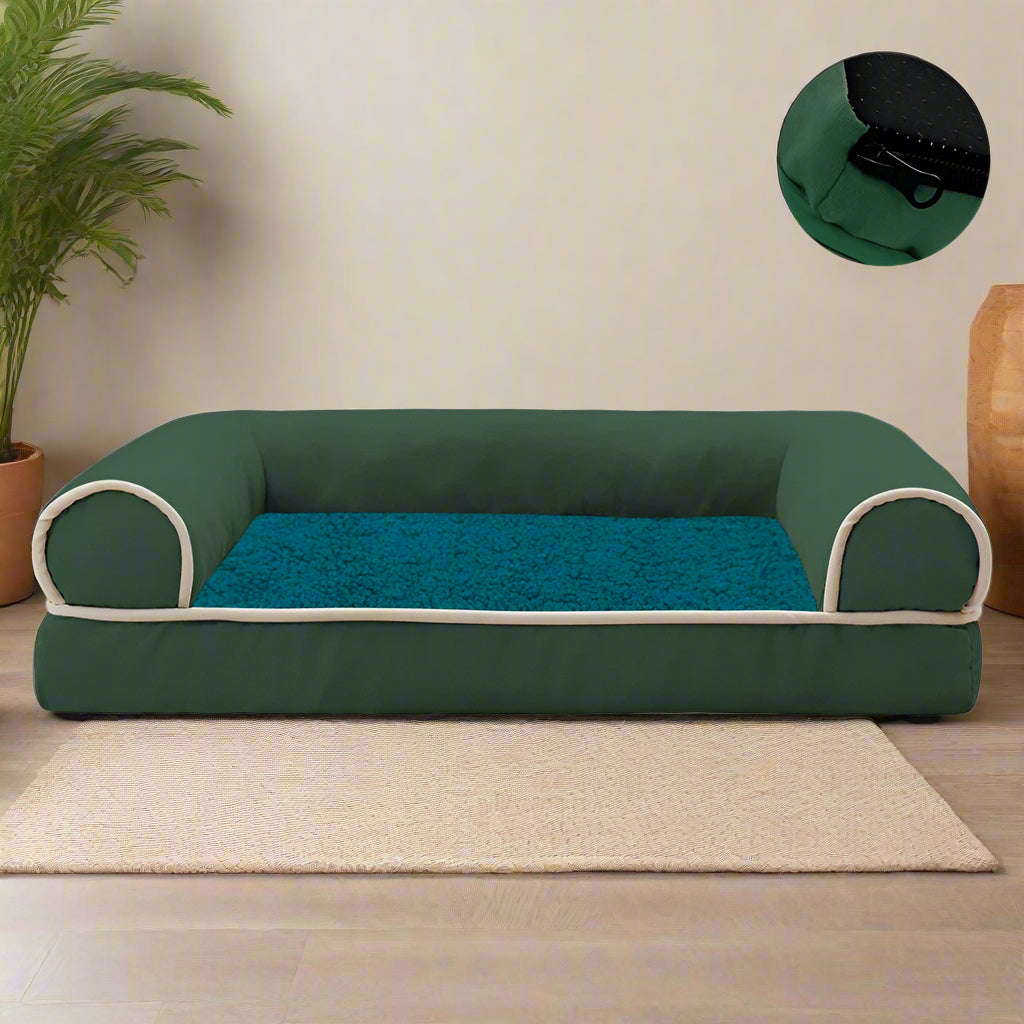 Forest green suede pet sofa bed with lamb fleece interior — Sniff Waggle And Walk