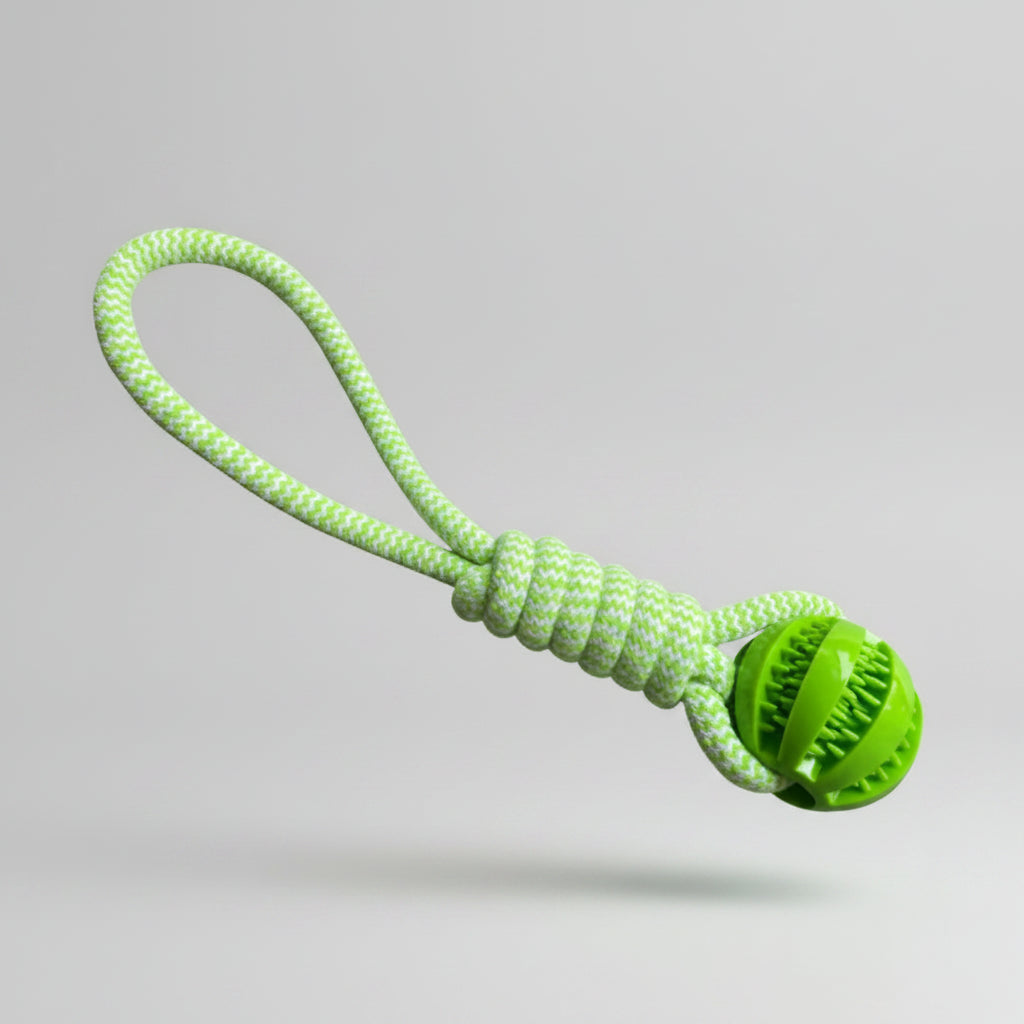 Green hemp rope tug toy with rubber treat ball — SniffWaggleNWalk RopeBall™