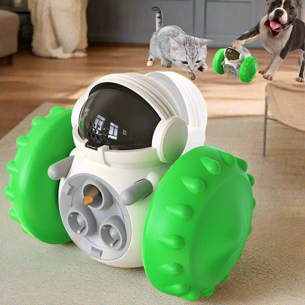 Green RollABite™ robot showing dome opening for easy treat loading — adjustable dispensing ports