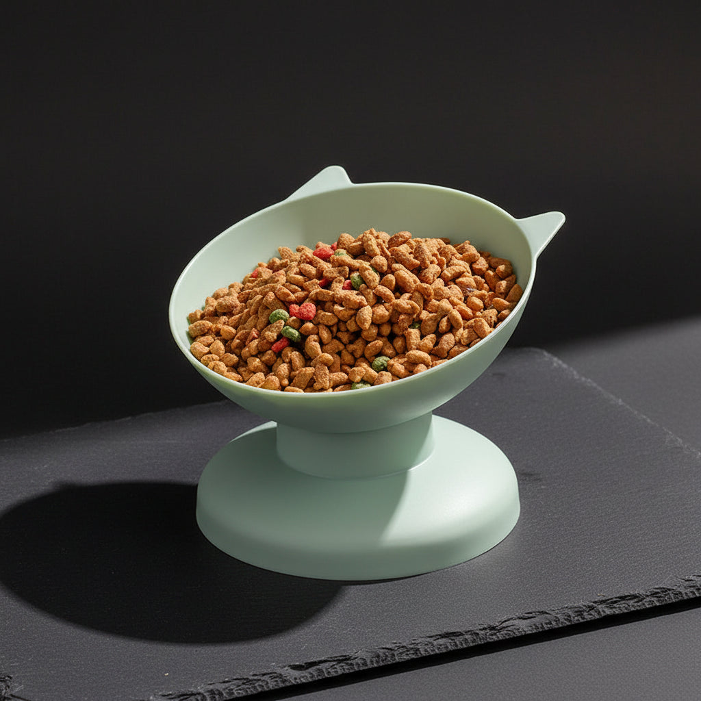 Elevated white pet bowl filled with cat food, placed on a wooden surface with a red and white checkered cloth in the background.