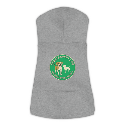 Greets Every Dog. Ignores Every Human. dog hoodie in Granite Heather - back print, sizes L to 3XL