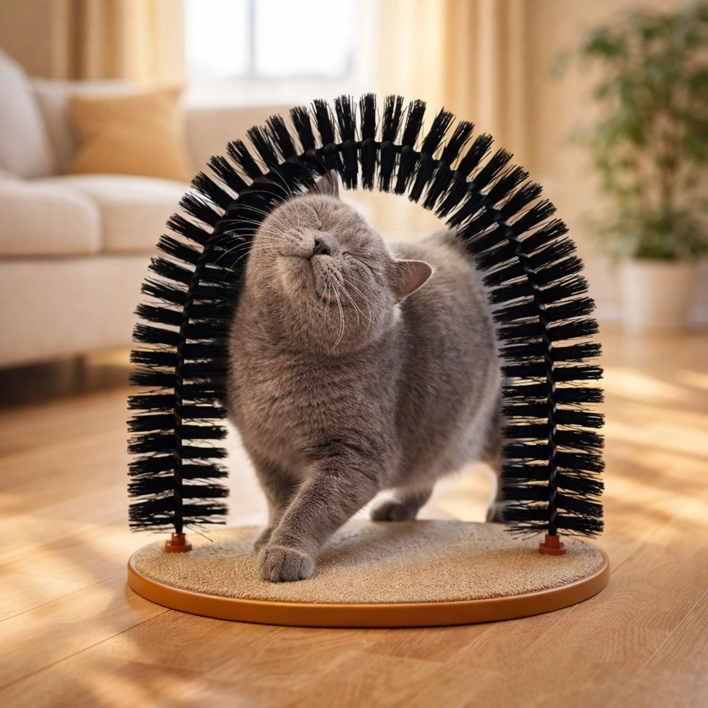 cat using self grooming arch with catmint base