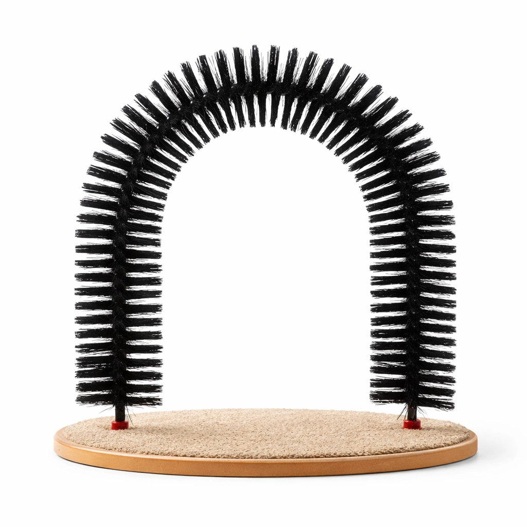 Arch-shaped pet toy with black bristles on a beige base against a white background