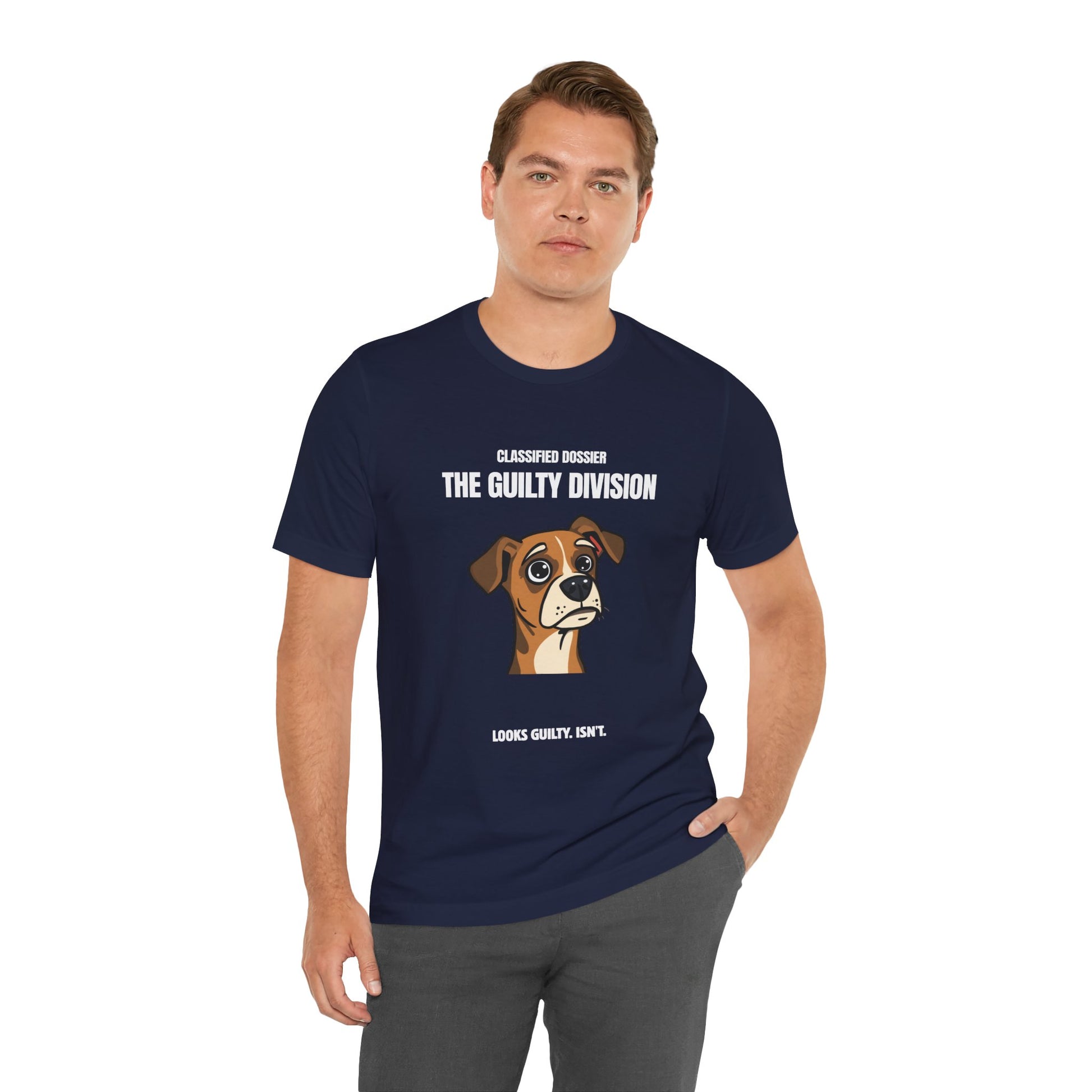 Guilty Division dog tee, black heather, back view