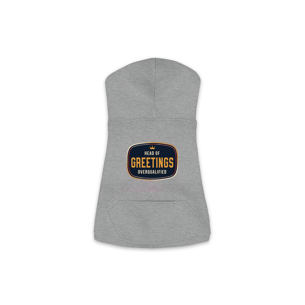Head Of Greetings dog hoodie in granite heather grey, sizes XS to M