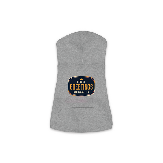 Head Of Greetings dog hoodie in granite heather grey, sizes XS to M