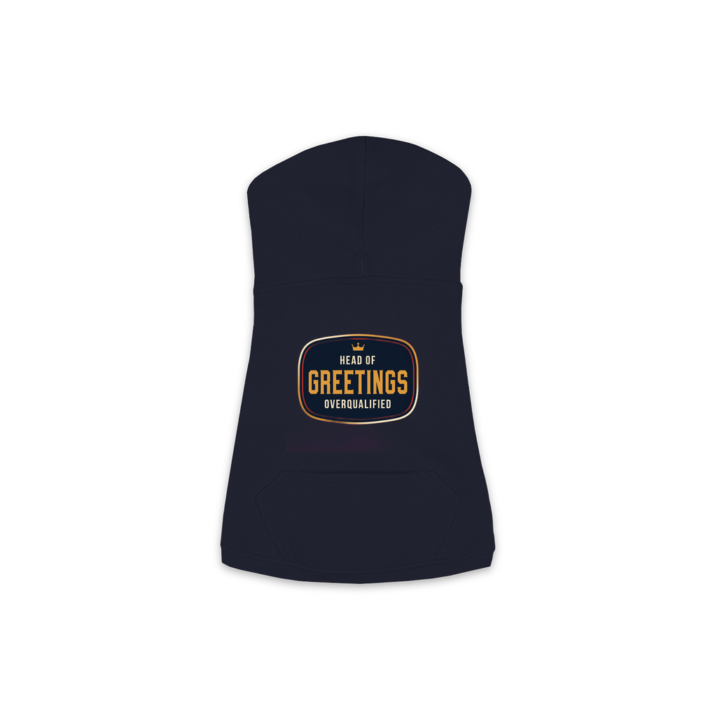 Head Of Greetings dog hoodie in navy, sizes XS to M