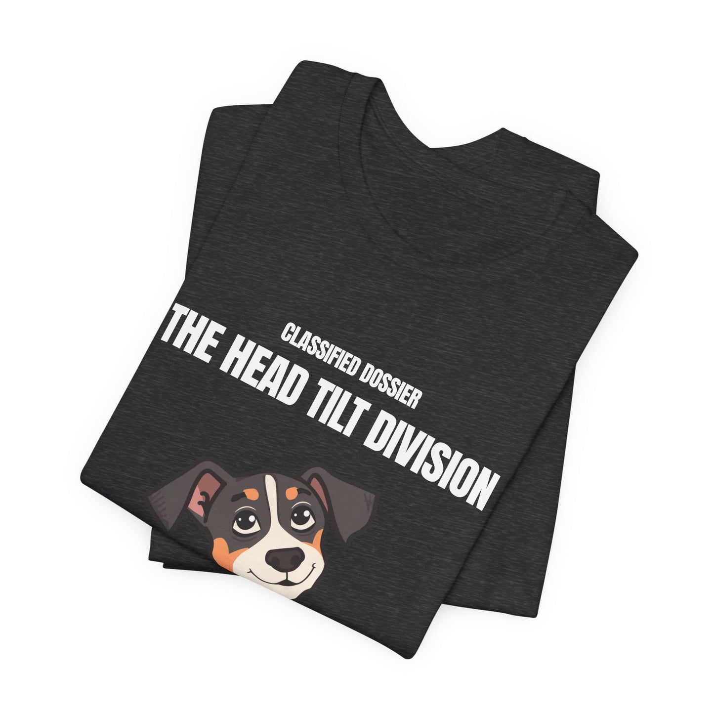 Head Tilt Division dog t-shirt, front view