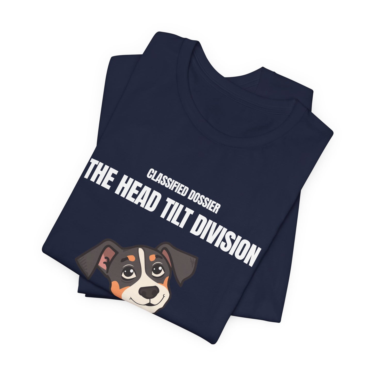 Model wearing Head Tilt Division dog t-shirt, front