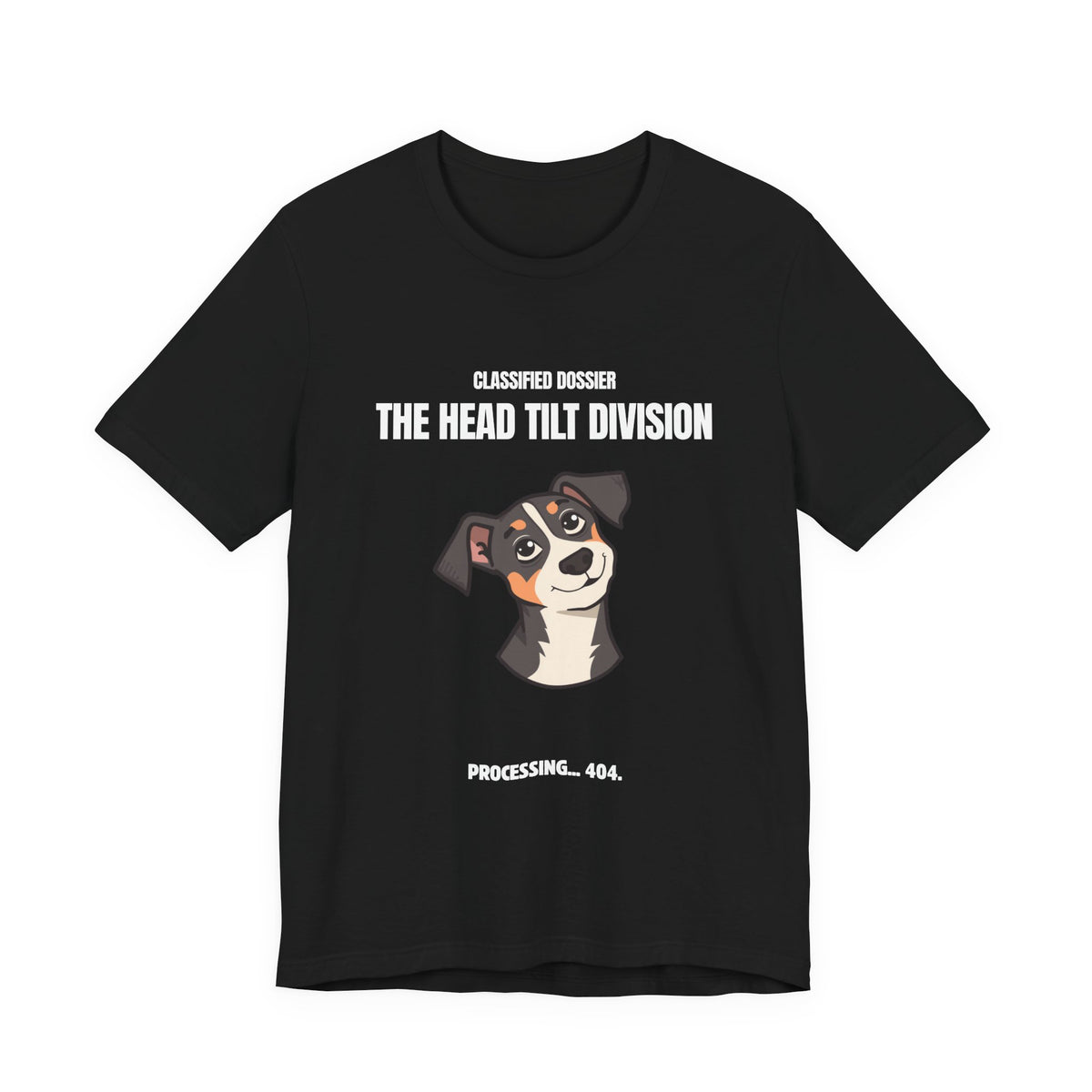 Head Tilt Division dog t-shirt, side view