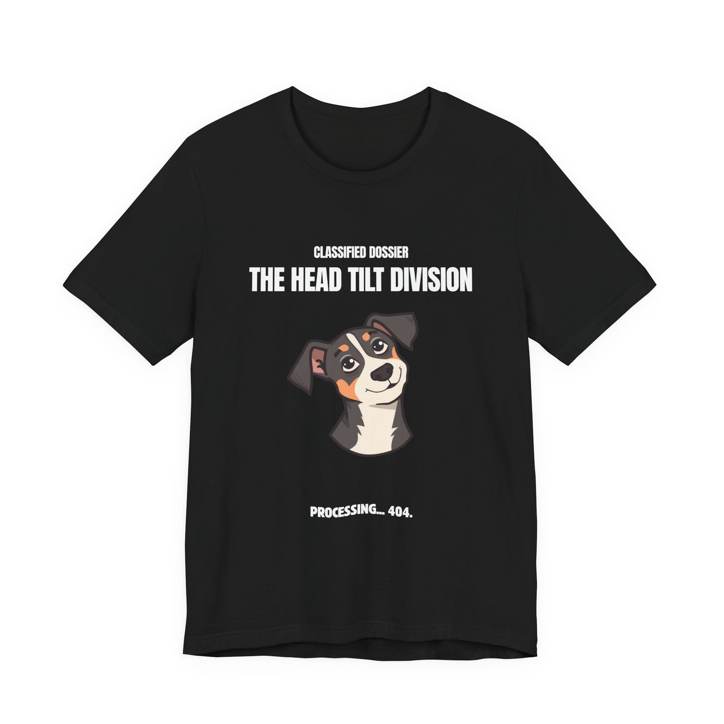 Head Tilt Division dog t-shirt, side view