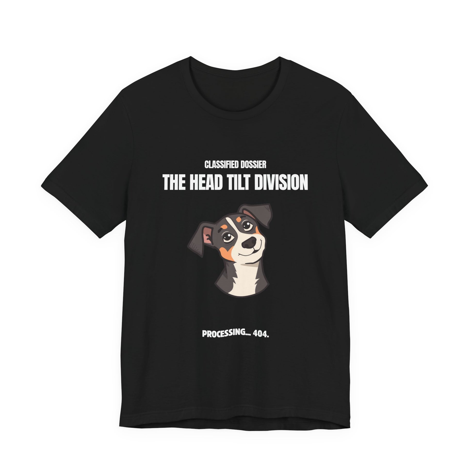 Head Tilt Division dog t-shirt, side view