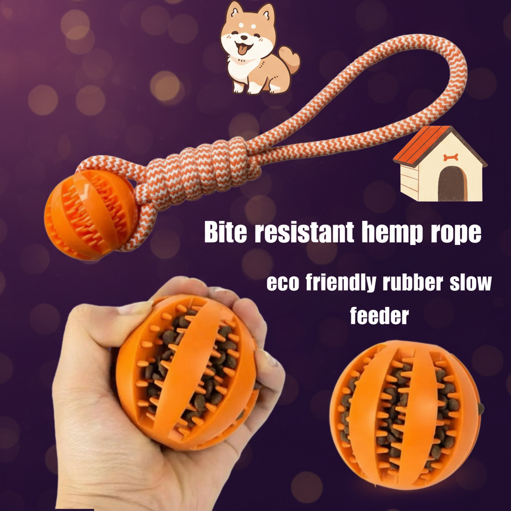 orangehemp rope dog toy with rubber treat dispensing ball — SniffWaggleNWalk RopeBall™