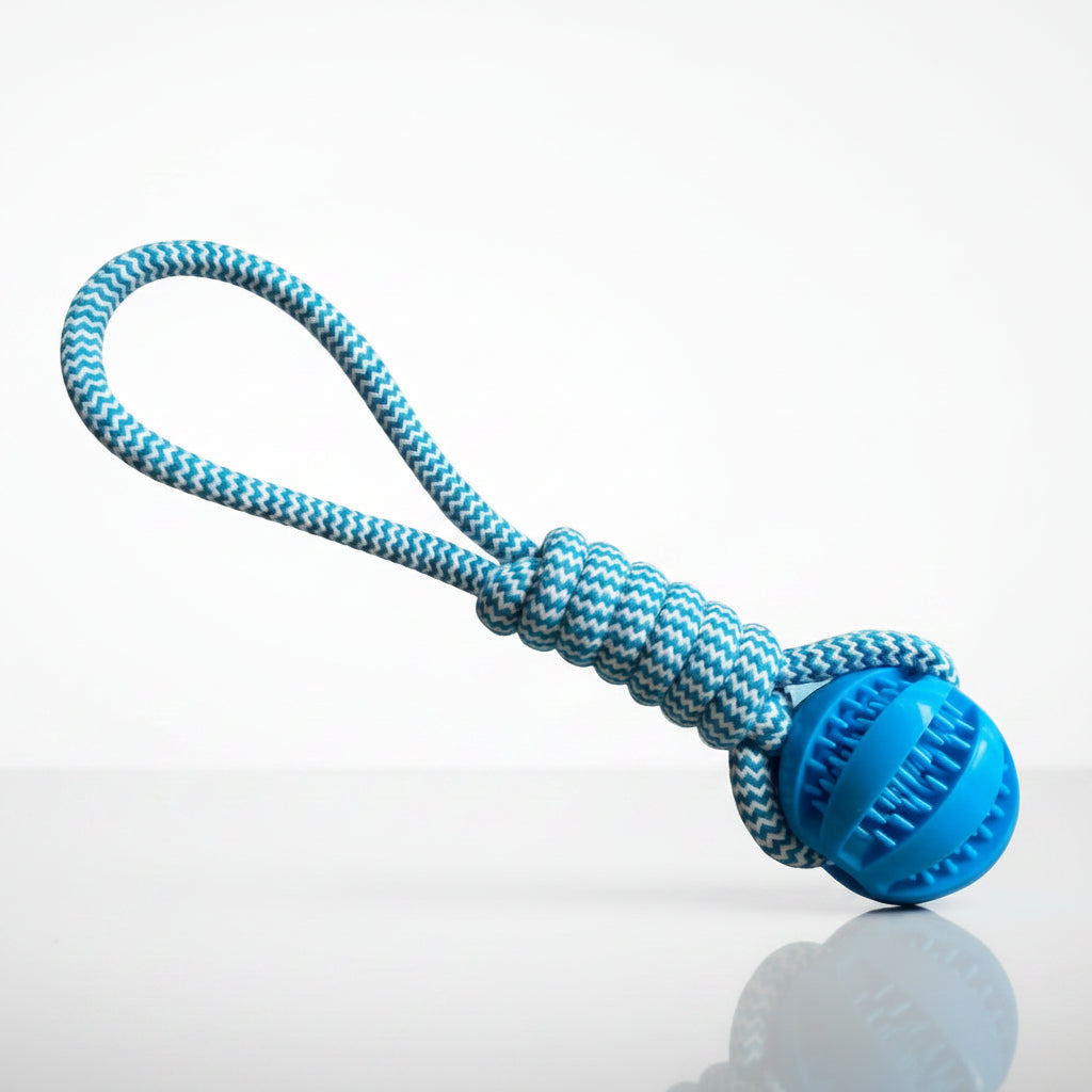 Blue hemp rope tug and slow feeder dog toy on living room floor