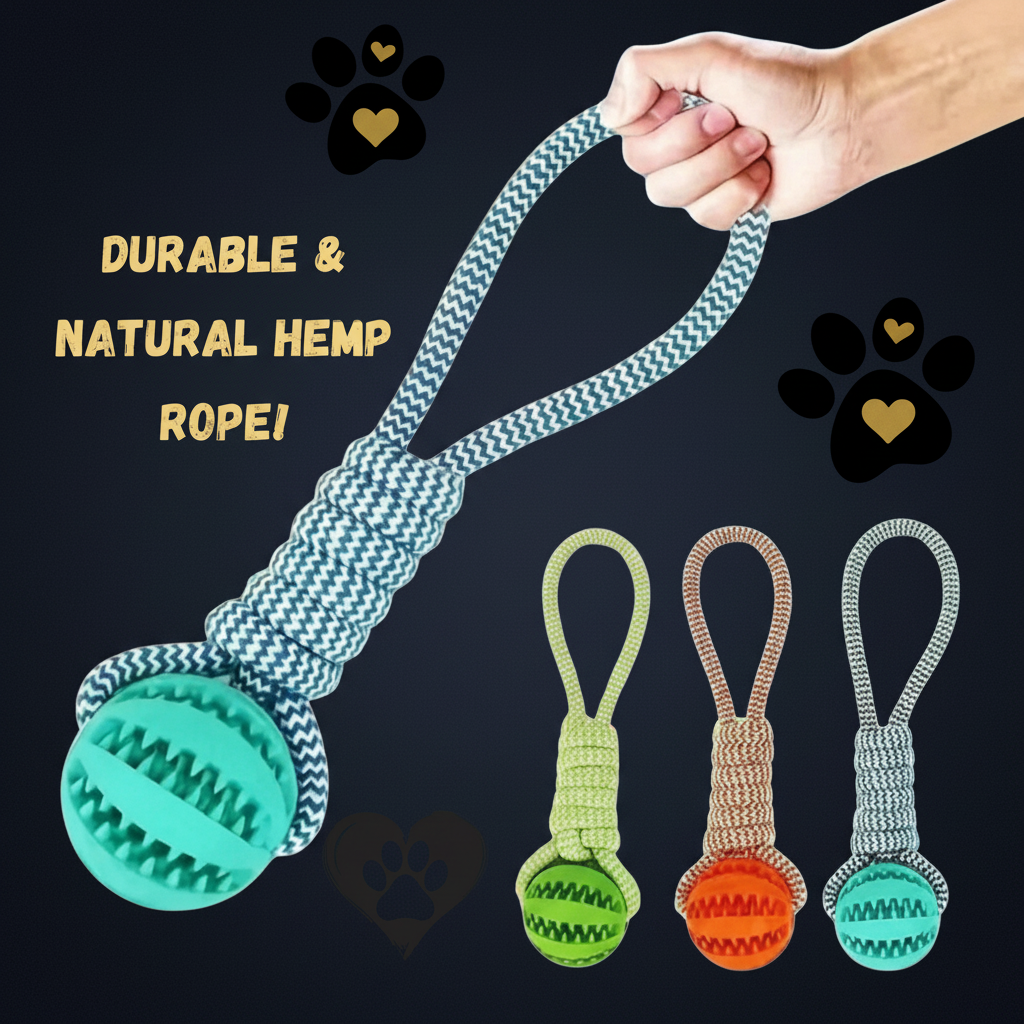 Orange hemp rope tug dog toy with slow feeder dental ball — SniffWaggleNWalk RopeBall™