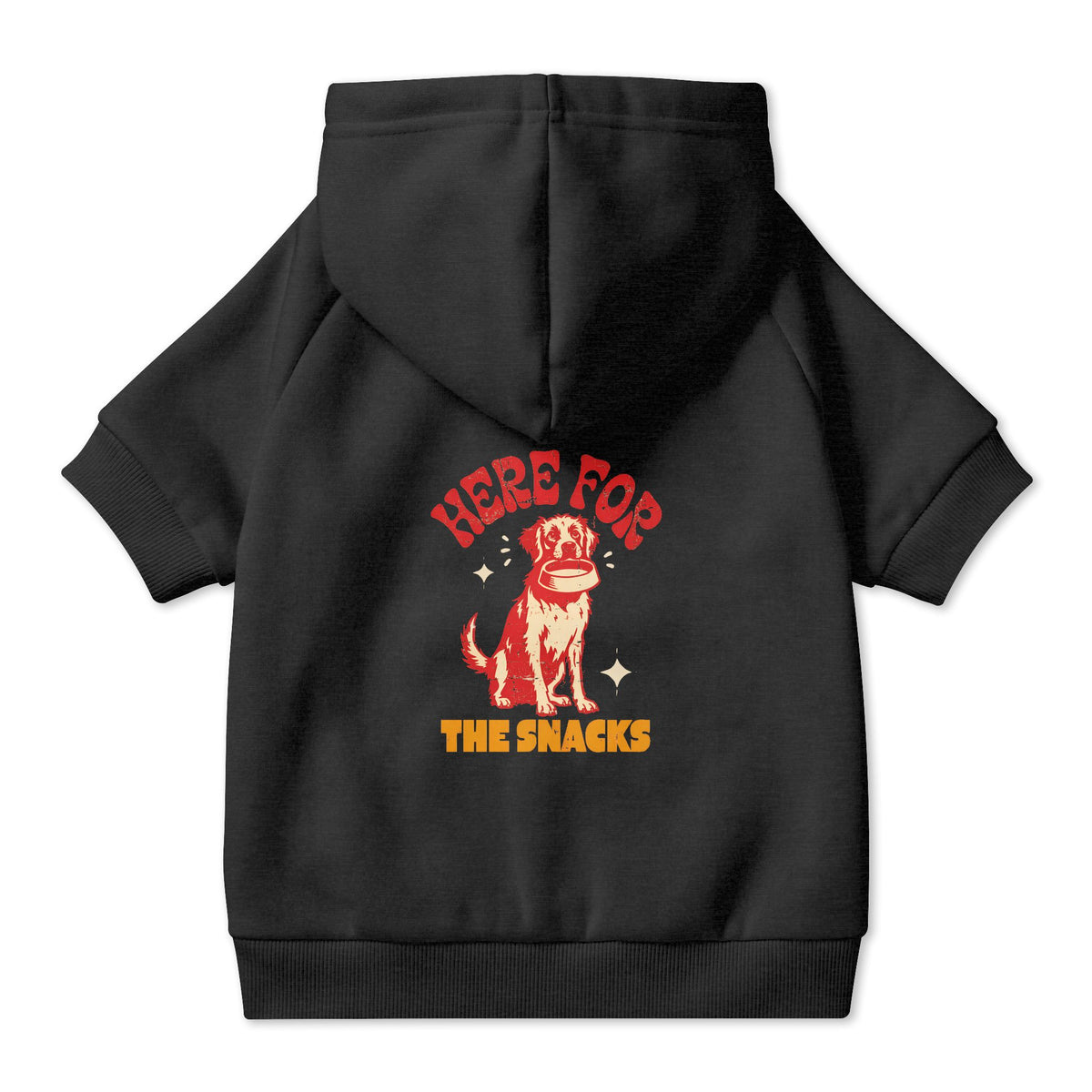 Here for the Snacks Dog Hoodie in Black, back view — SniffWaggleNWalk™