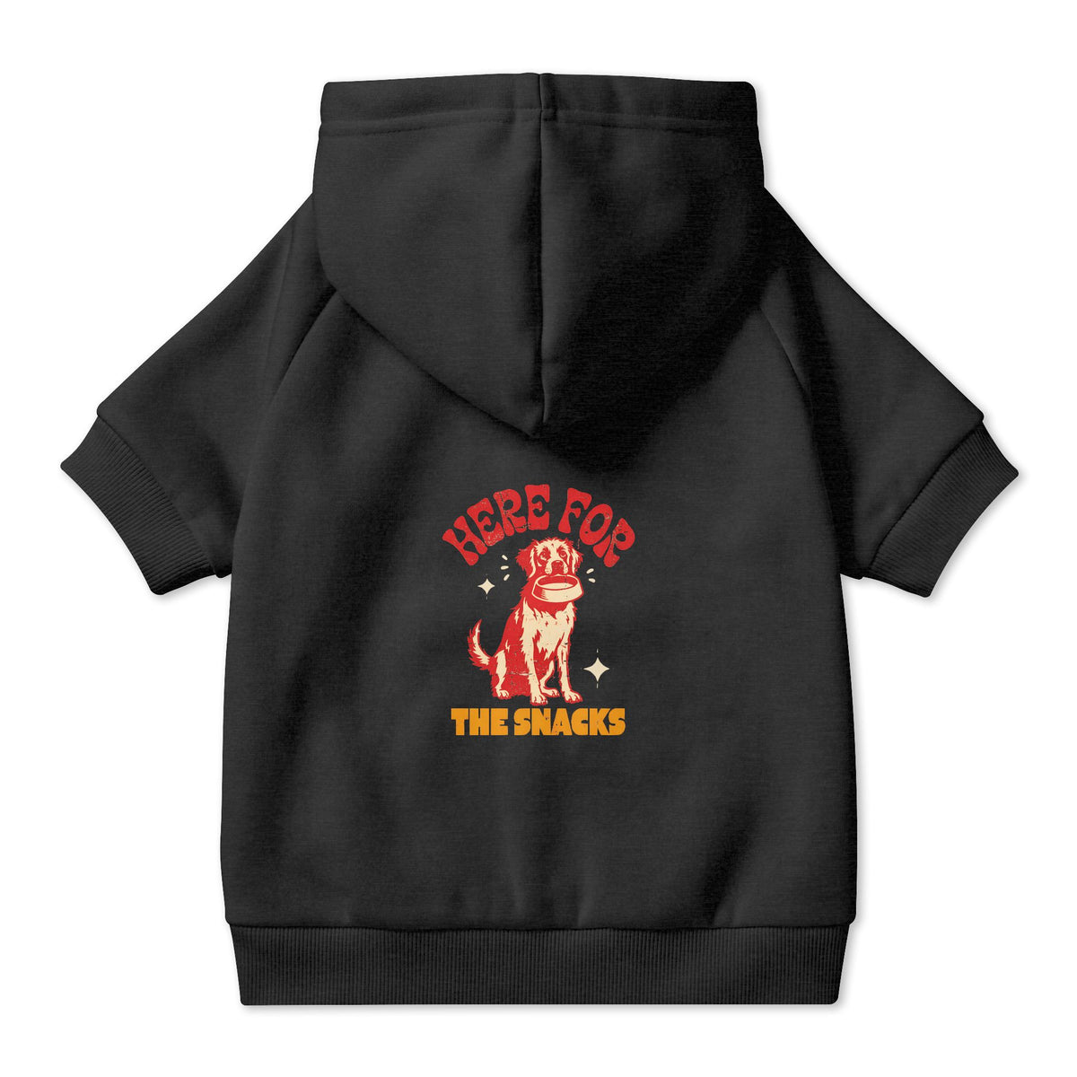 Here for the Snacks Dog Hoodie in Black, back view — SniffWaggleNWalk™
