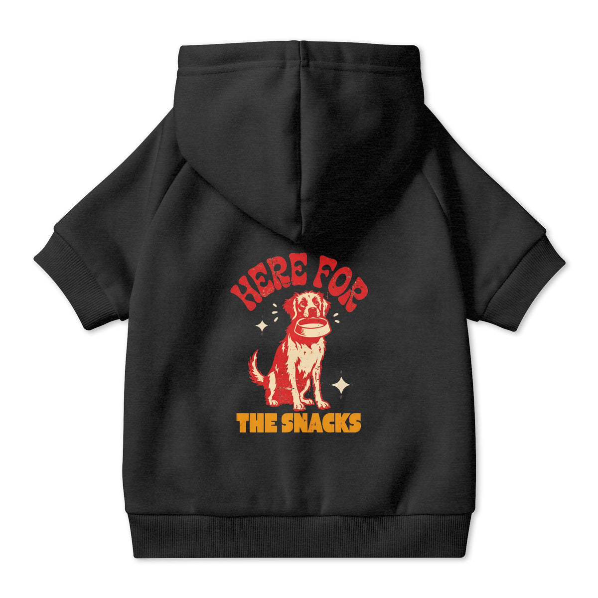 Here for the Snacks Dog Hoodie in Black, back view — SniffWaggleNWalk™