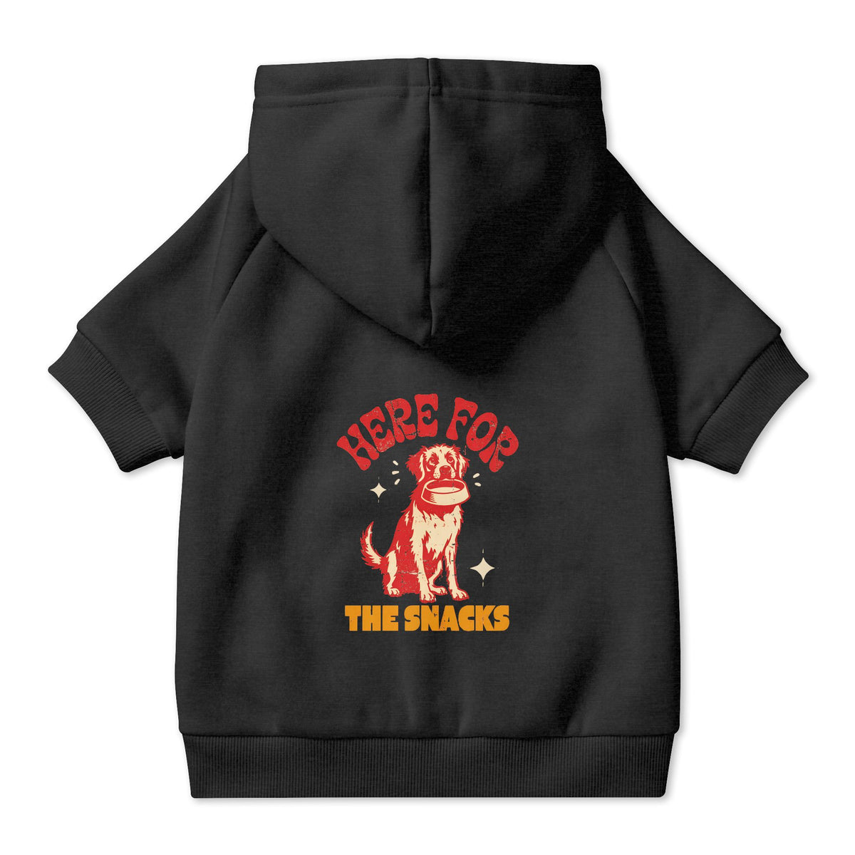 Here for the Snacks Dog Hoodie in Black, back view — SniffWaggleNWalk™