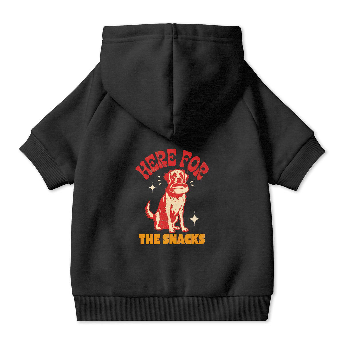 Here for the Snacks Dog Hoodie in Black, back view — SniffWaggleNWalk™