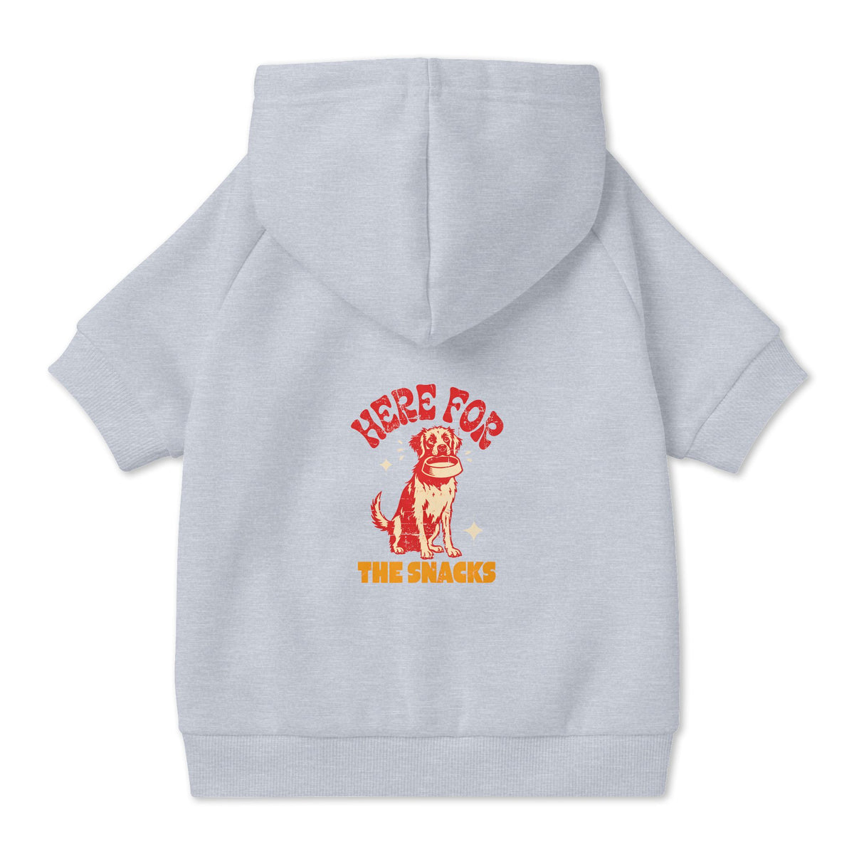 Here for the Snacks Dog Hoodie in Grey, back view — SniffWaggleNWalk™
