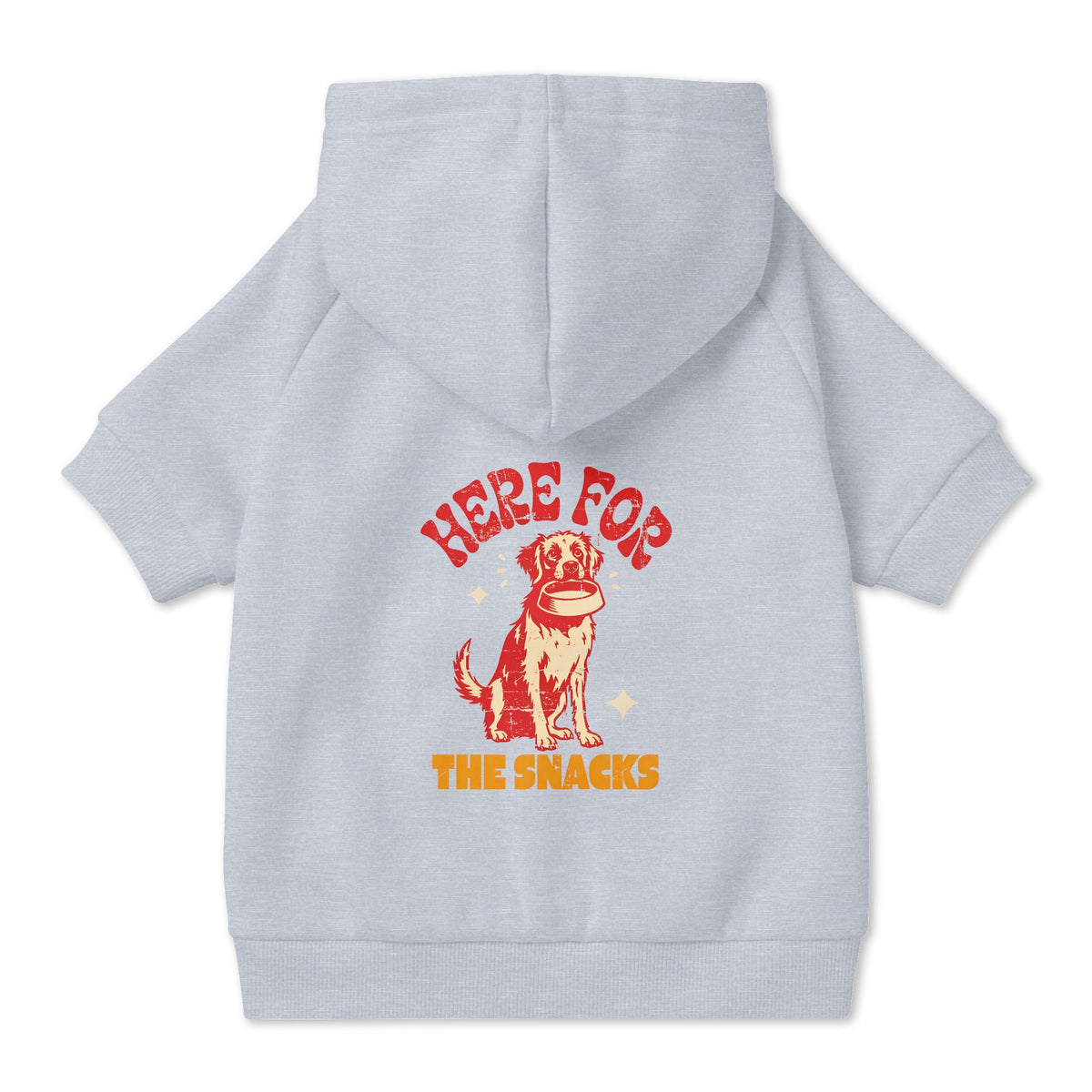 Here for the Snacks Dog Hoodie in Grey, back view — SniffWaggleNWalk™