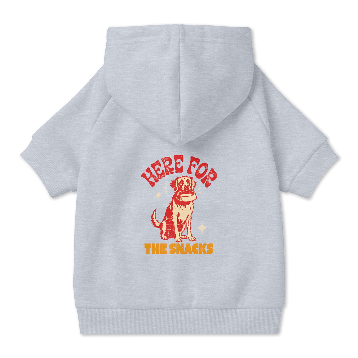 Here for the Snacks Dog Hoodie in Grey, back view — SniffWaggleNWalk™