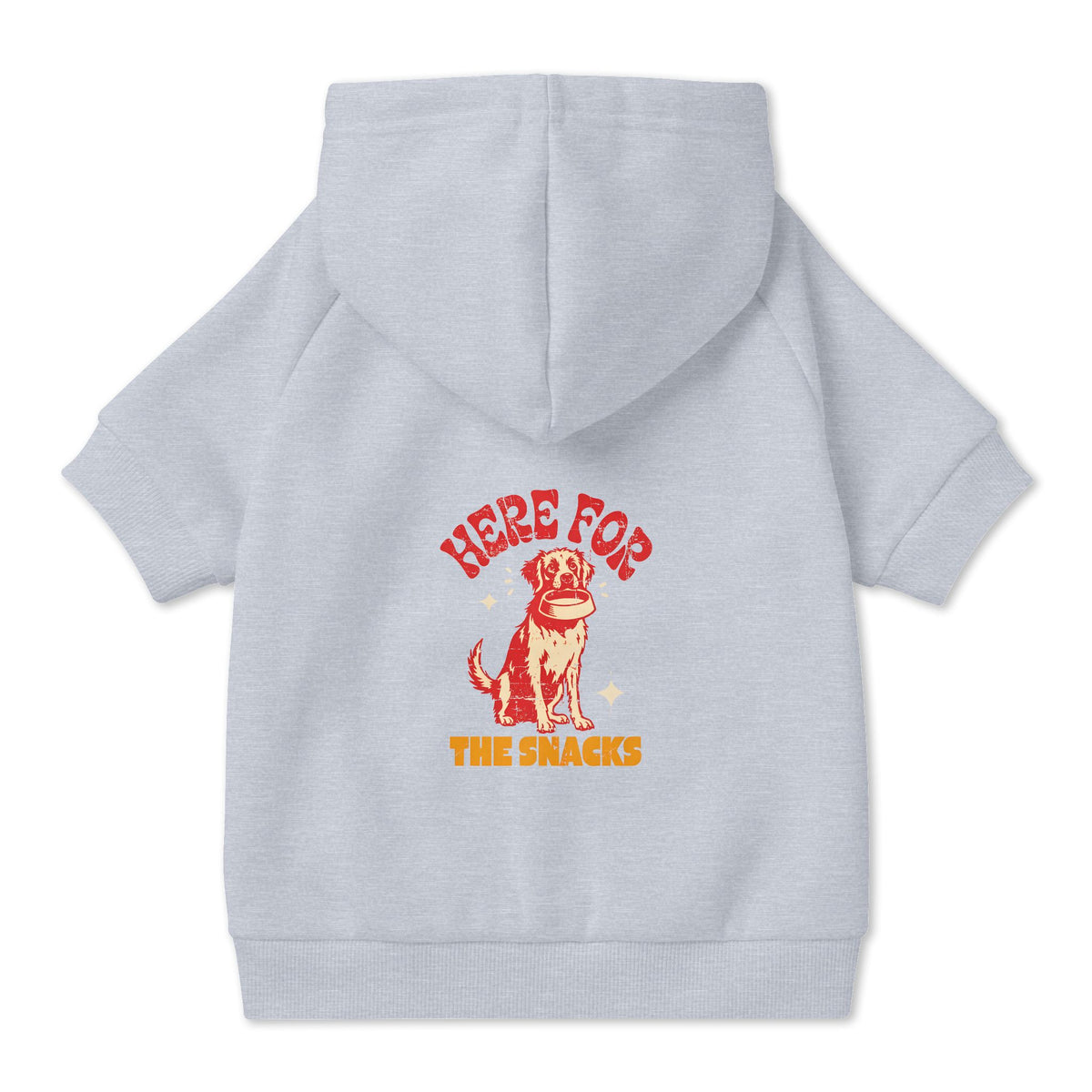 Here for the Snacks Dog Hoodie in Grey, back view — SniffWaggleNWalk™