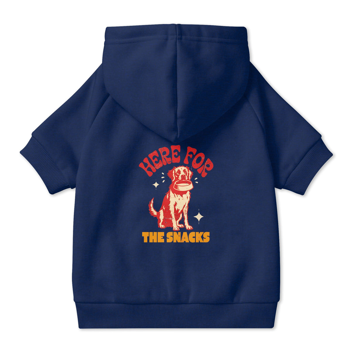 Here for the Snacks Dog Hoodie in Navy, back view — SniffWaggleNWalk™