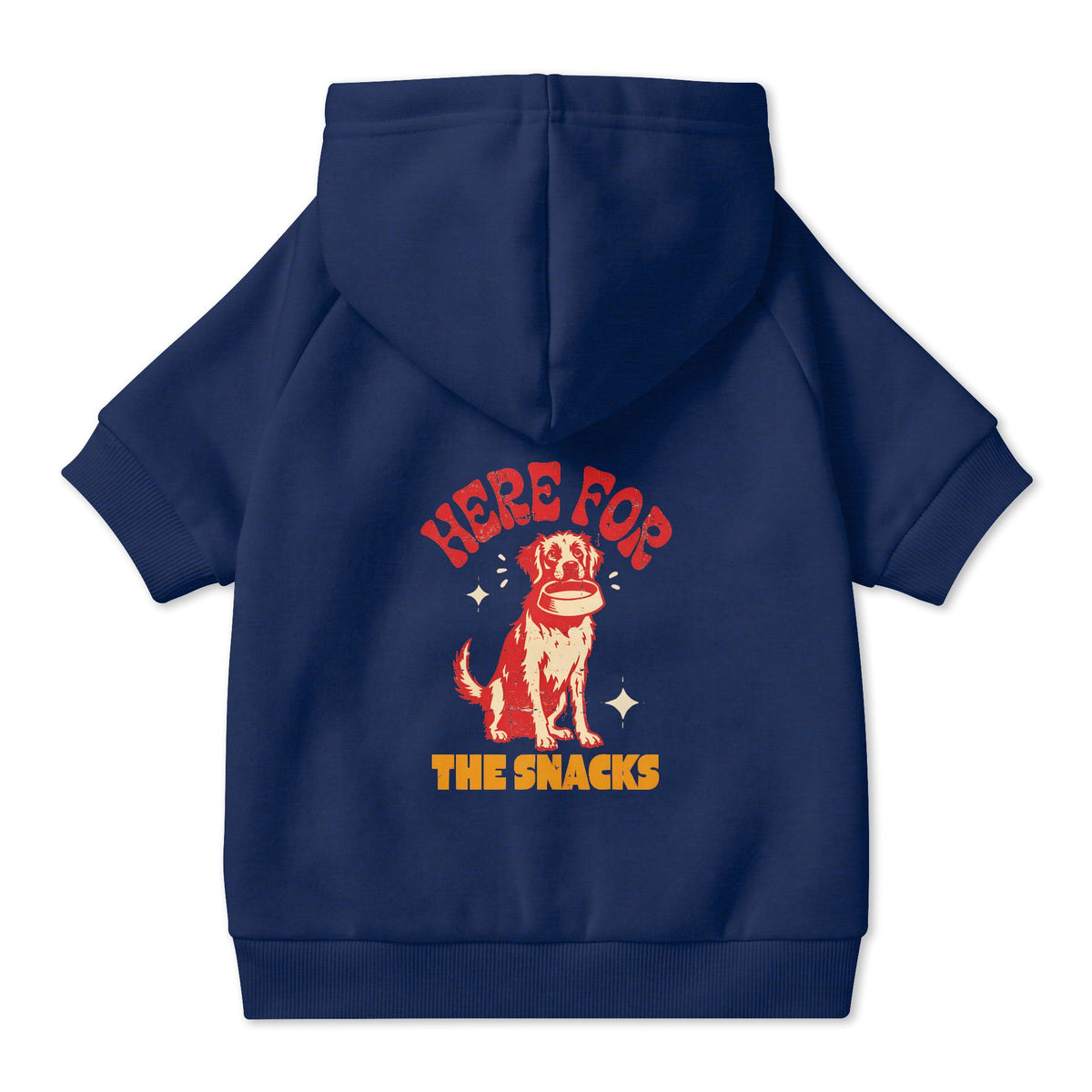 Here for the Snacks Dog Hoodie in Navy, back view — SniffWaggleNWalk™