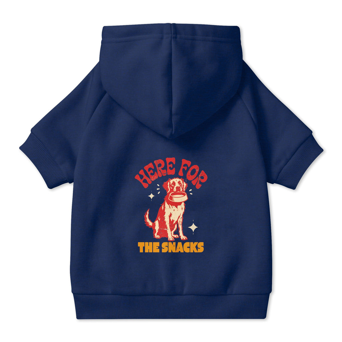Here for the Snacks Dog Hoodie in Navy, back view — SniffWaggleNWalk™